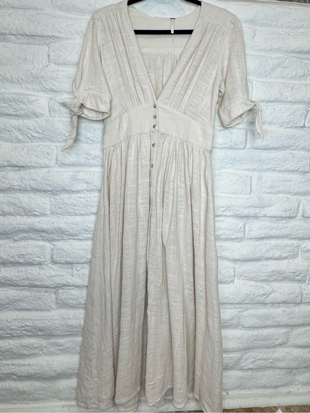 Free People Cream Button-Front Maxi Dress with Tie Sleeves
